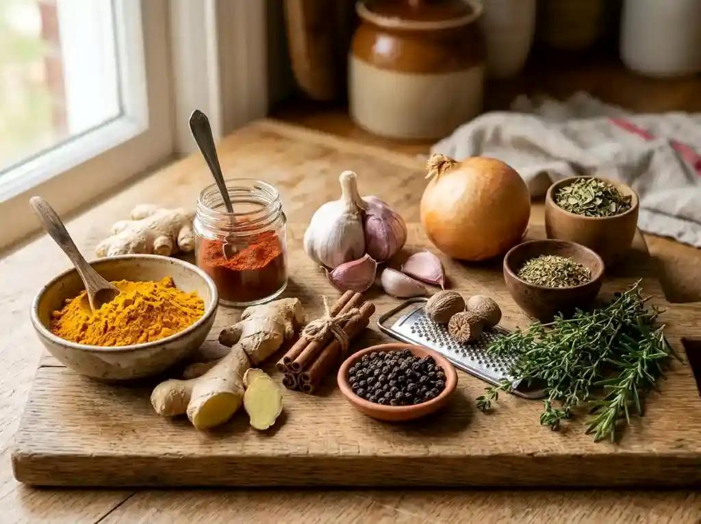 Podzimní koření v kuchyni – kurkuma, zázvor, česnek, skořice a bylinky na dřevěném stole