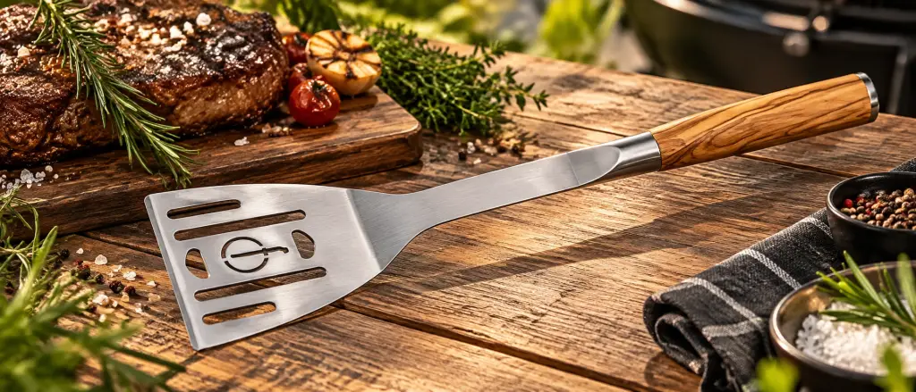 Grilovací špachtle Forged Olive na dřevěném stole s masem