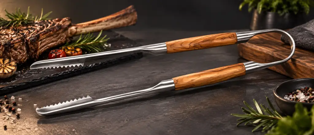 Kované grilovací kleště Forged Olive na stole s masem