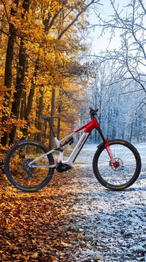 Červeno-bílé elektrokolo na cestě mezi podzimním lesem a zasněženou krajinou