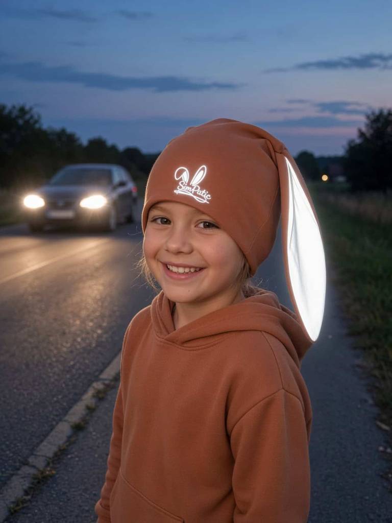 Dítě s hnědou reflexní čepičkou SimPatic u silnice za šera – reflexní ouška svítí