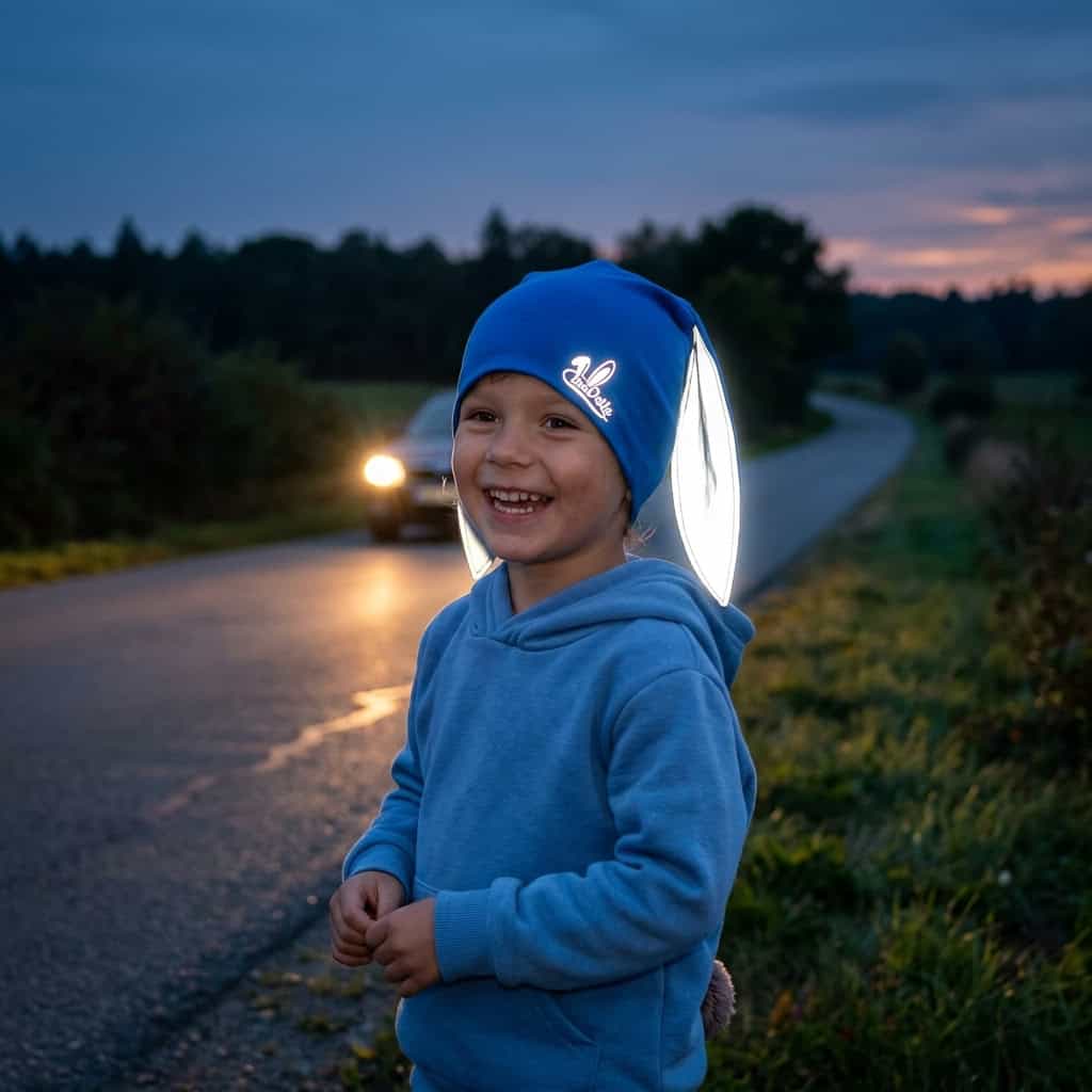 Dítě s modrou reflexní čepičkou SimPatic u silnice za šera – reflexní ouška svítí