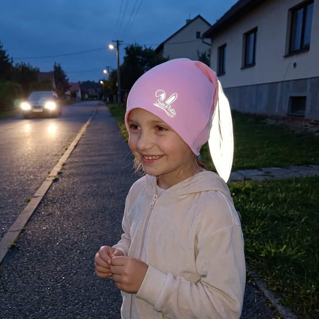 Usmívající se holčička s reflexní čepičkou SimPatic – reflexní logo a ouška svítí ve tmě