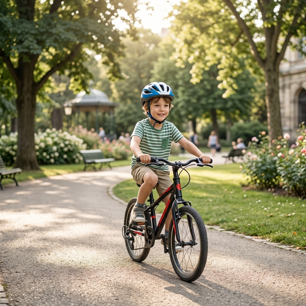 Dítě jede na dětském kole v parku s cyklistickou helmou