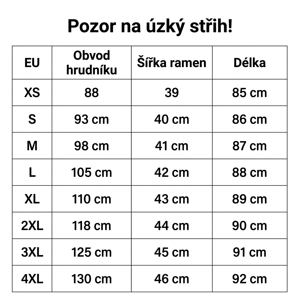 udelej tabulku a preloz do českeho jazyka a pridej nad tabulku vetu: Pozor na úzký střih!