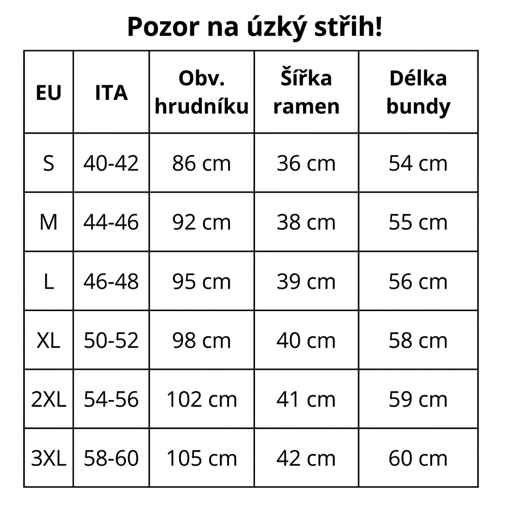 udelej tabulku a preloz do českeho jazyka a pridej nad tabulku vetu: Pozor na úzký střih!  
