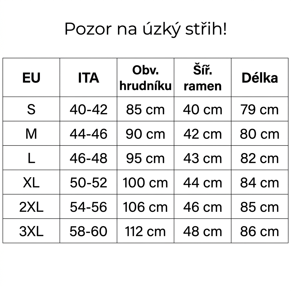 udelej tabulku a preloz do českeho jazyka a pridej nad tabulku vetu: Pozor na úzký střih!