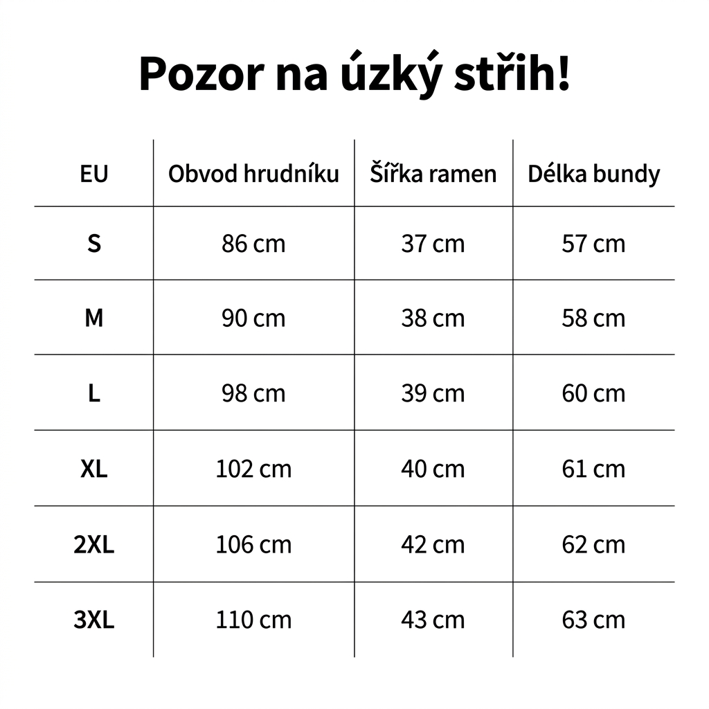 udelej tabulku a preloz do českeho jazyka a pridej nad tabulku vetu: Pozor na úzký střih!