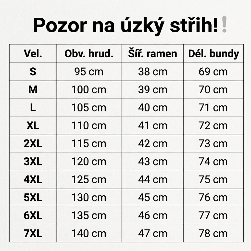 udelej tabulku a preloz do českeho jazyka a pridej nad tabulku vetu: Pozor na úzký střih!