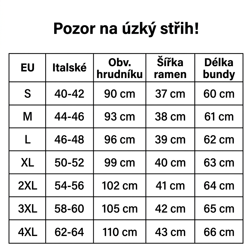 udelej tabulku a preloz do českeho jazyka a pridej nad tabulku vetu: Pozor na úzký střih!  
