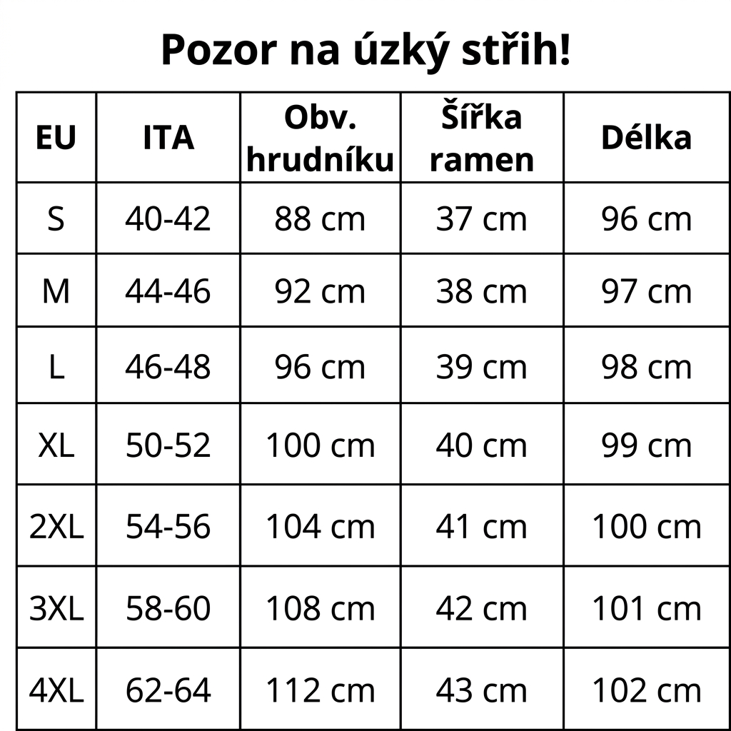udelej tabulku a preloz do českeho jazyka a pridej nad tabulku vetu: Pozor na úzký střih!