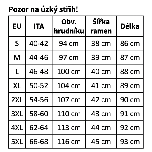 udelej tabulku a preloz do českeho jazyka a pridej nad tabulku vetu: Pozor na úzký střih!  dopln do tabulky 4 a 5XL podla dát v tabulke
