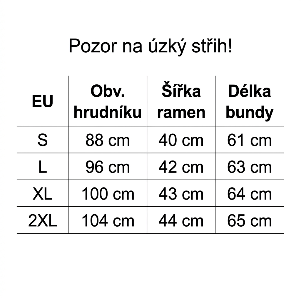 udelej tabulku a preloz do českeho jazyka a pridej nad tabulku vetu: Pozor na úzký střih!  
