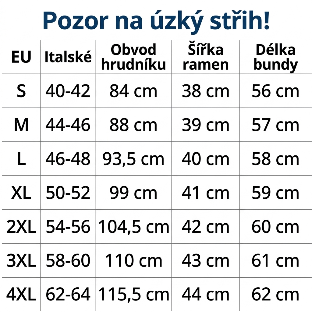udelej tabulku a preloz do českeho jazyka a pridej nad tabulku vetu: Pozor na úzký střih!  
