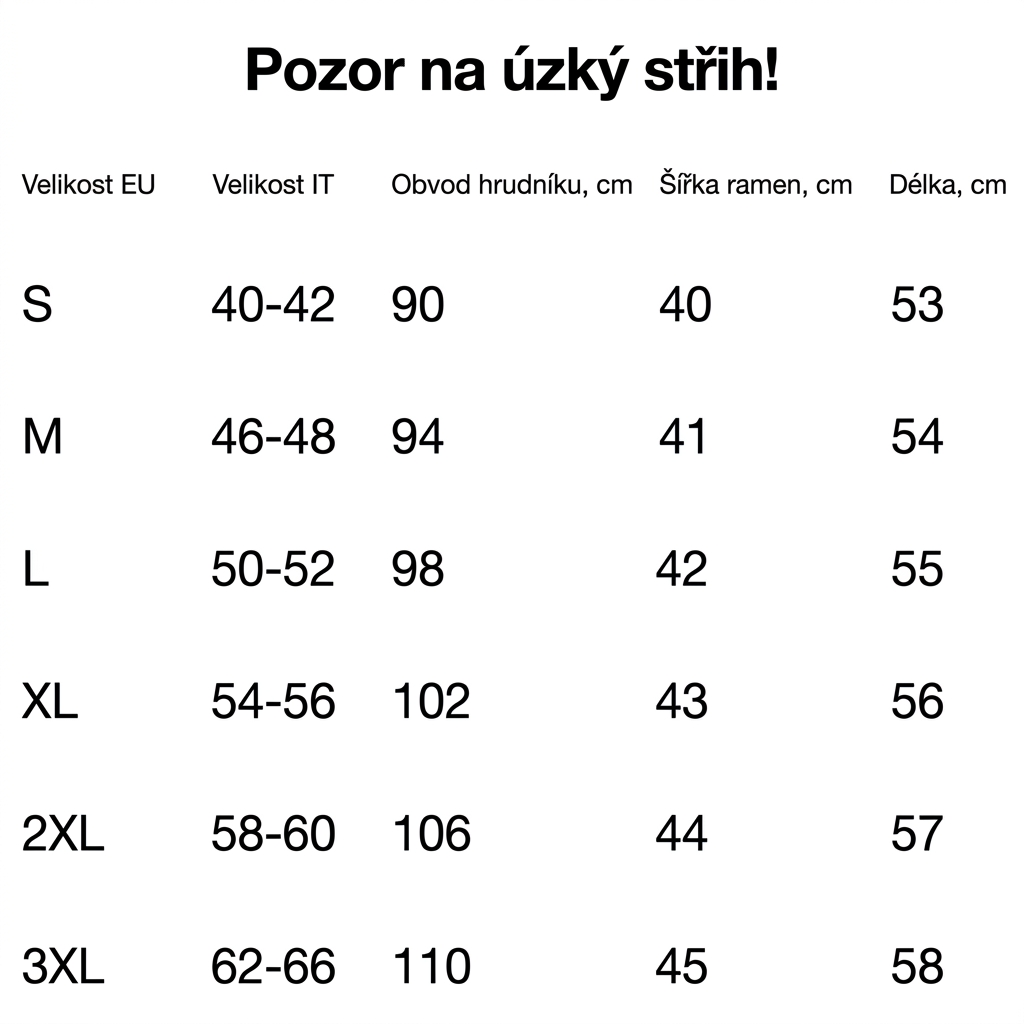 udelej tabulku a preloz do českeho jazyka a pridej nad tabulku vetu: Pozor na úzký střih!
